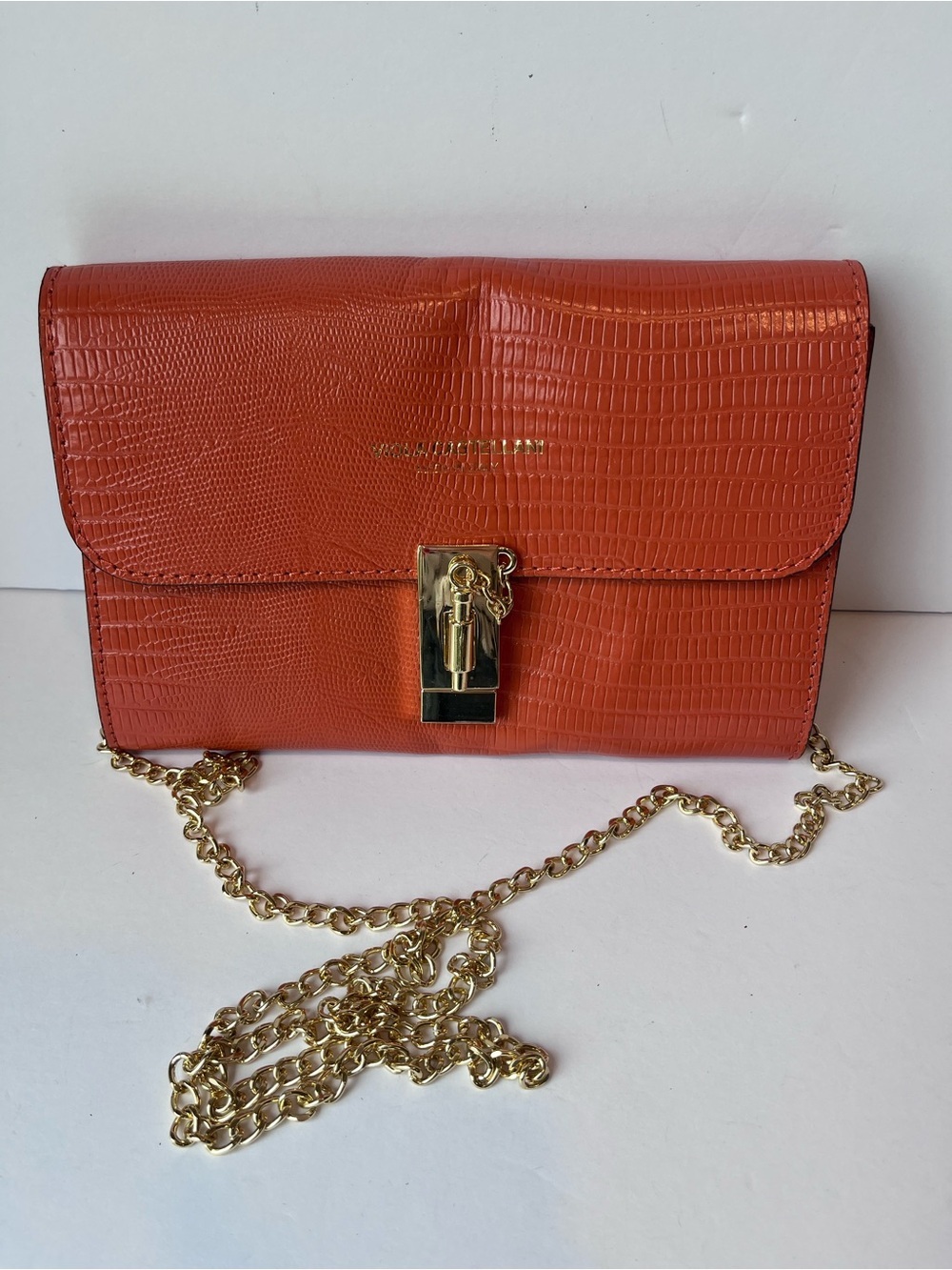 Viola Castellani Italy Leather Croc Embossed Orange Crossbody Gold Chain Clutch